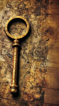 Antique key resting on a vintage map, evoking a sense of mystery and exploration in a dim light setting