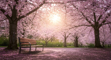 Bench under Blooming Cherry Trees in Spring Park with Falling Petals