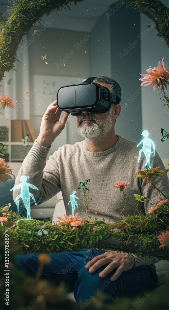 Poster the user is immersed in a virtual world through a vr headset, exploring new facets of entertainment 
