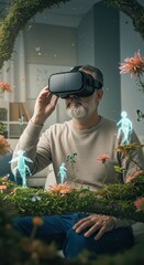 The user is immersed in a virtual world through a VR headset, exploring new facets of entertainment and knowledge