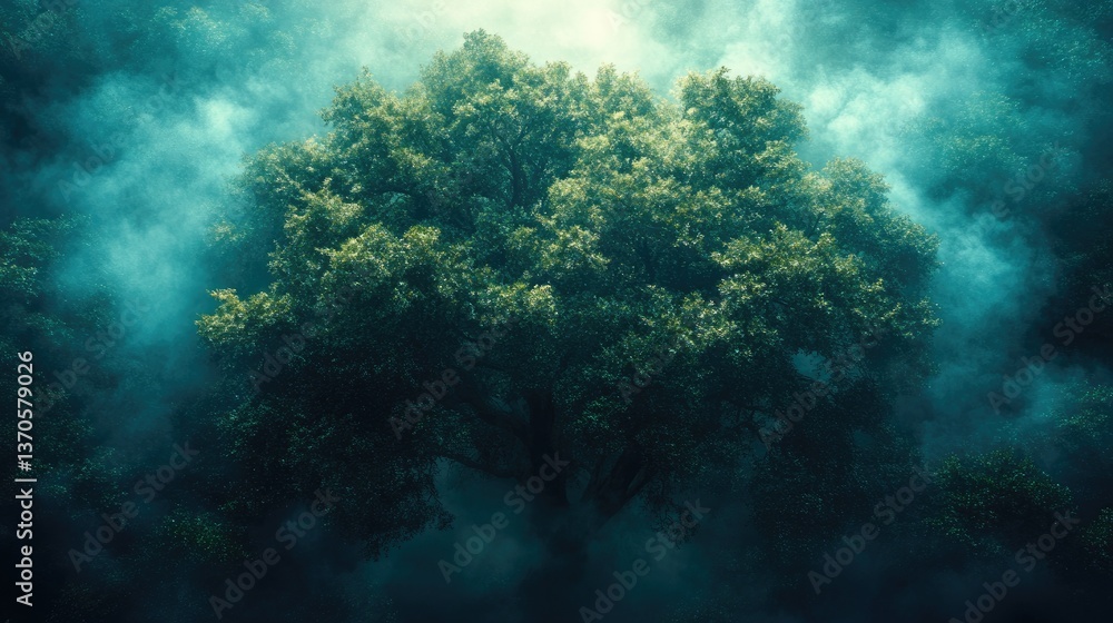 Poster misty tree scene a lush tree basks in soft light, surrounded by ethereal fog in a forest