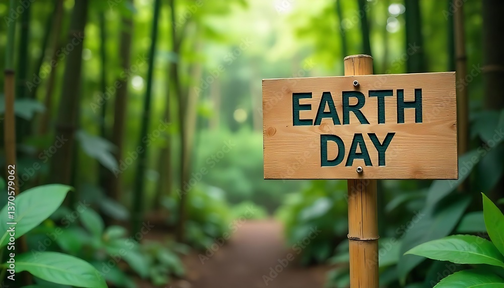 Fototapete Happy Earth Day on wooden signpost on a natural bamboo on jungle gate with jungle background created with generative ai.