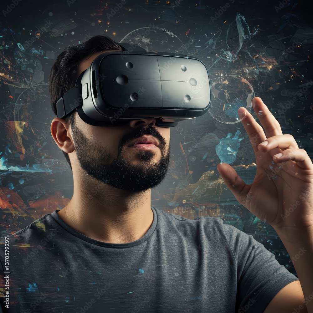 Poster the user is immersed in a virtual world through a vr headset, exploring new facets of entertainment 