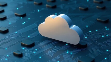 A digital cloud icon sits on a circuit board background, symbolizing cloud computing and technology integration.