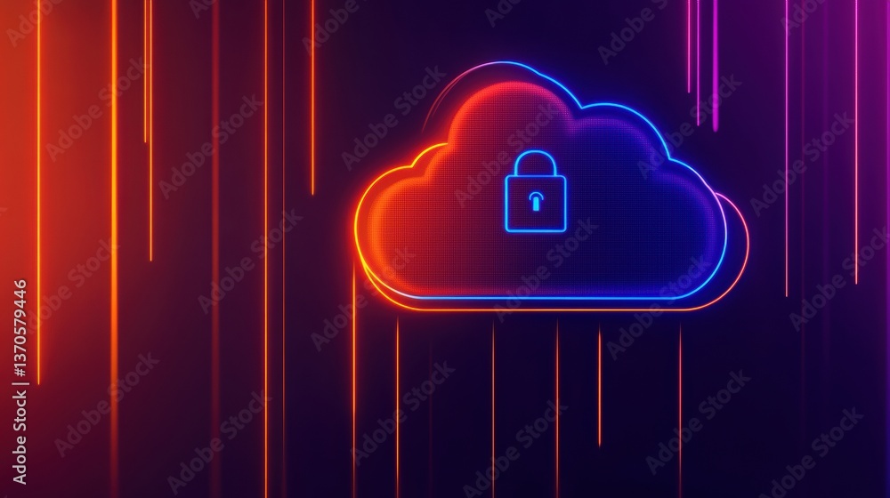 Poster a vibrant graphic of a cloud with a padlock, symbolizing cloud security and data protection, surroun