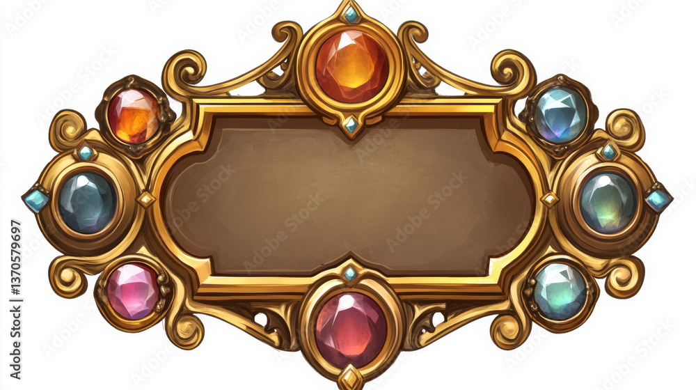 Poster golden fantasy game border ui button frame design. medieval gold metal interface element icon for rp