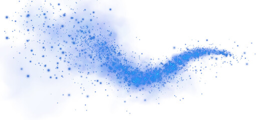 Magic blue smoke with glitter and small particles of twinkling stars. Fog with luminous particles. Blue vapor with stardust. Morning fog over land or water surface, magic haze. Fog or smoke. PNG.