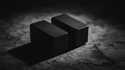 Two sleek black audio speakers placed on a textured surface
