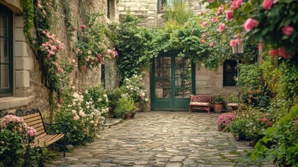 Obraz premium Serene Courtyard Garden: A Tranquil Escape in a Stonewalled Oasis