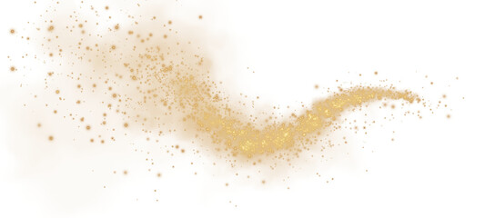 Magic golden smoke with glitter and small particles of twinkling stars. Fog with luminous particles. Yellow vapor with stardust. Morning fog over land or water surface, magic haze. Fog or smoke. PNG