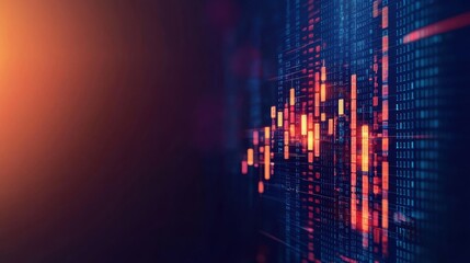 A vibrant digital visualization of data trends with glowing bars and binary code patterns against a dark background.