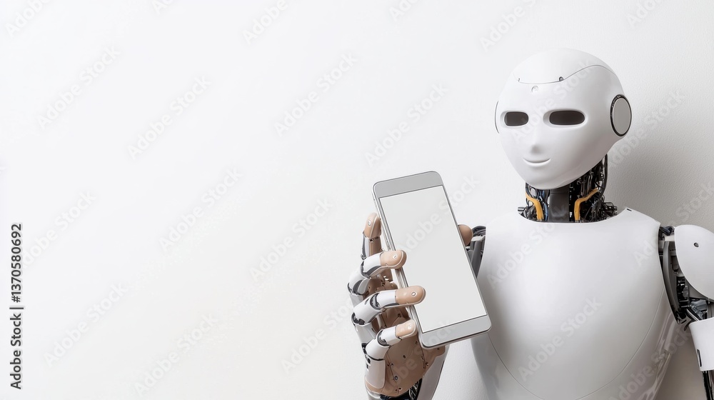 Poster a humanoid robot holds a smartphone in a minimalist setting, showcasing the integration of technolog