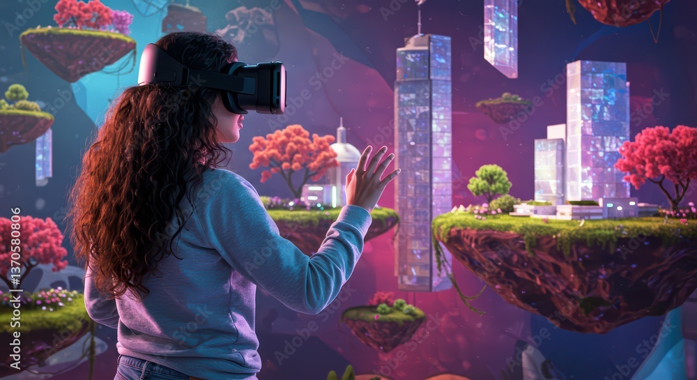 Poster the user is immersed in a virtual world through a vr headset, exploring new facets of entertainment 