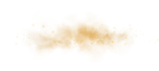 Magic yellow smoke with glitter and small particles of twinkling stars. Fog with luminous particles. Yellow vapor with stardust. Morning fog over land or water surface, magic haze. Fog or smoke. PNG.