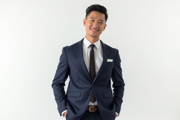 Half-Length (Waist-Up) portrait of young stylish smiling Tongan male model in formal wear isolated on pure white background looking at camera