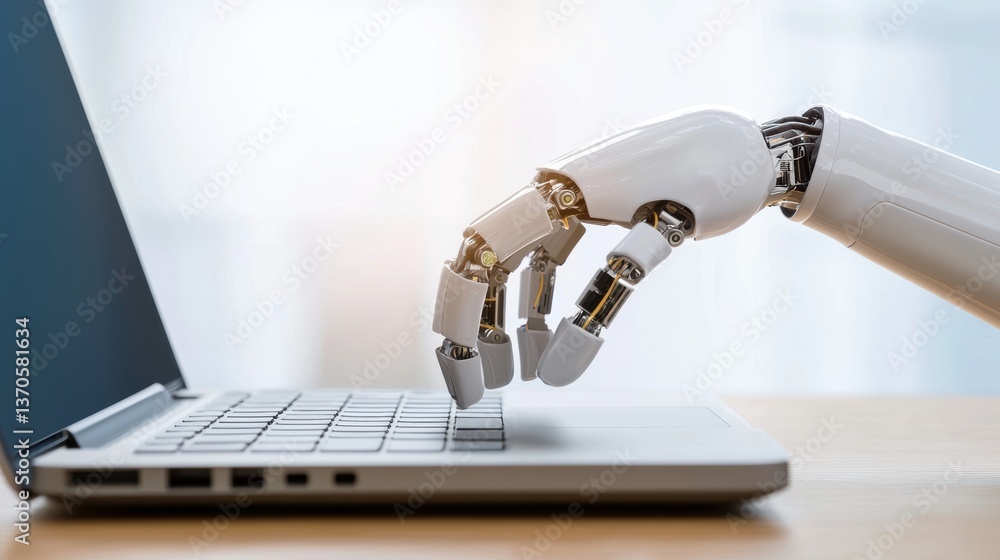 Poster a robotic hand hovers above a laptop keyboard, symbolizing the intersection of technology and human 
