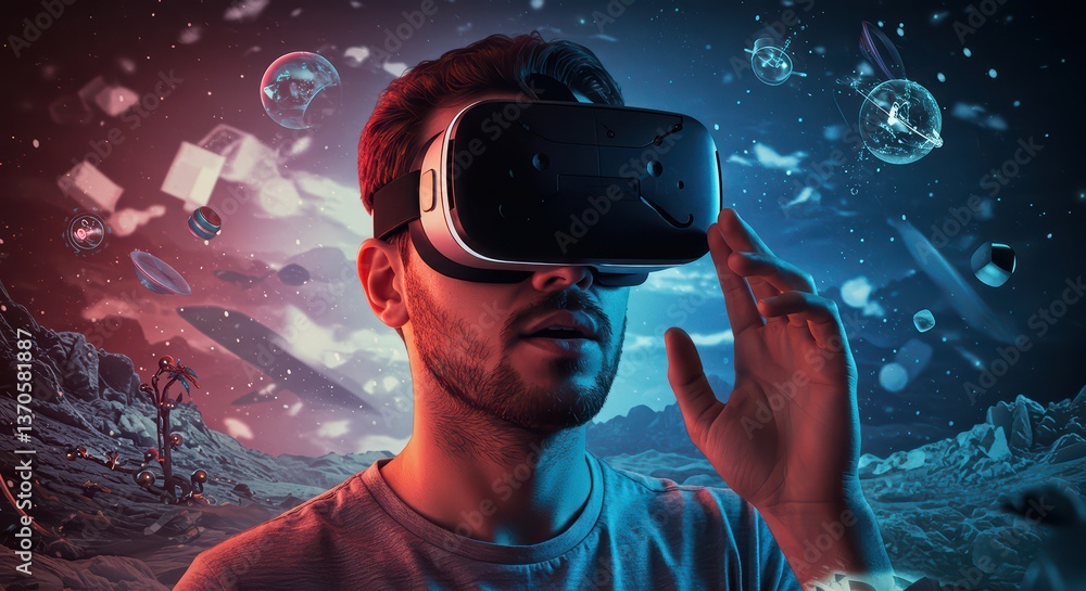 Poster the user is immersed in a virtual world through a vr headset, exploring new facets of entertainment 