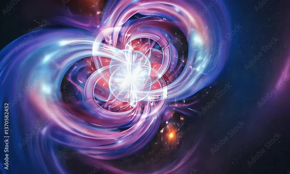 Poster mesmerizing cosmic event where a nebula's swirling gases and distant galaxies shift and warp around 