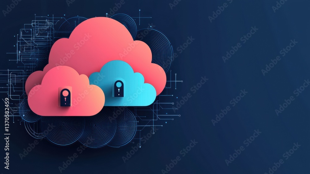 Poster a digital representation of colorful clouds with locks, symbolizing cloud security and data protecti