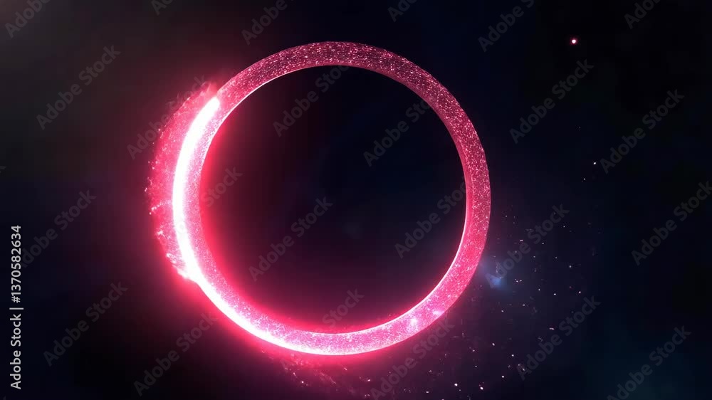 Poster Pink energy loop glowing with light particles on a dark background