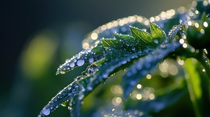 Close up of wet green leaves with shimmering droplets