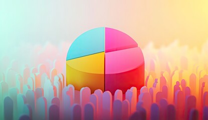 Colorful pie chart surrounded by a crowd