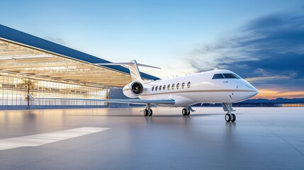 A sleek private jet parked in front of a modern hangar under a vibrant sky, showcasing luxury and sophistication in aviation.