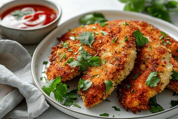Chicken Cutlets plated with chili garlic ketchup, breadcrumb crust and cilantro leaf,
