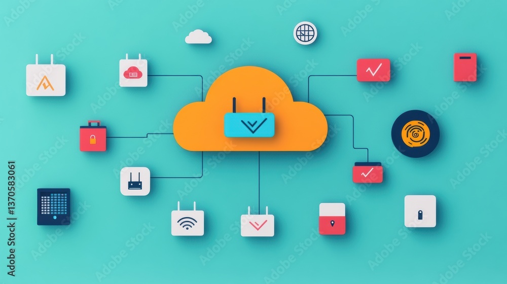 Poster a colorful illustration depicting a cloud symbol connected to various digital icons representing dat