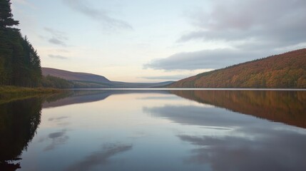 Obraz premium A calm lake reflects the surrounding hills and cloudy sky