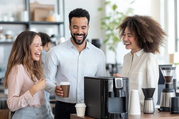 Office Workers Enjoying Coffee Break Together in Modern Kitchen, Coworkers Laughing and Chatting Around Coffee Machine, Relaxed Office Environment, Team Bonding, Workplace Culture