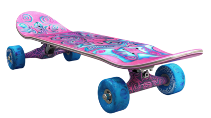 Skateboard in Detail: A vibrant close-up of a skateboard, featuring a colorful deck with intricate designs and eye-catching blue wheels, captures the essence of skateboarding culture.