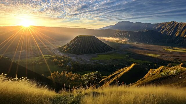 Bromo volcano at sunrise in East Java offers stunning landscape and dramatic lighting over the Tengger caldera