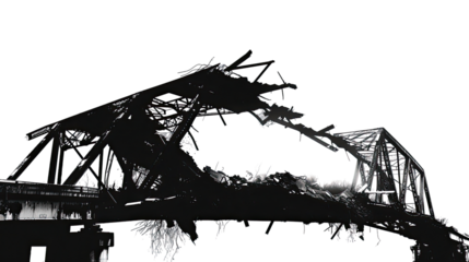 Silhouette of Destruction: The stark silhouette of a dilapidated bridge dominates the frame, its decaying structure hinting at a narrative of decline and the passage of time.