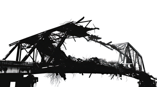 Silhouette of Destruction: The stark silhouette of a dilapidated bridge dominates the frame, its decaying structure hinting at a narrative of decline and the passage of time.