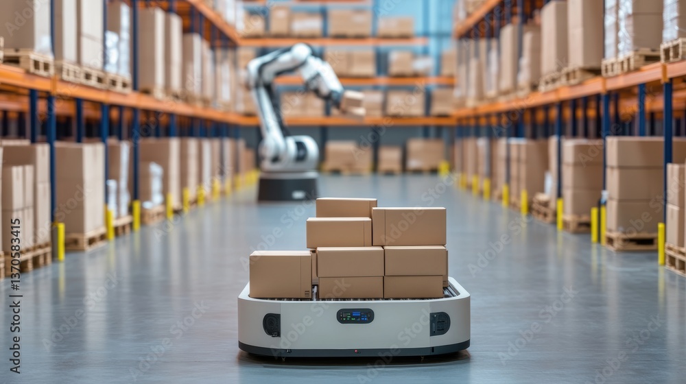 Aufkleber a modern warehouse featuring an autonomous robot transporting boxes, showcasing advanced automation 