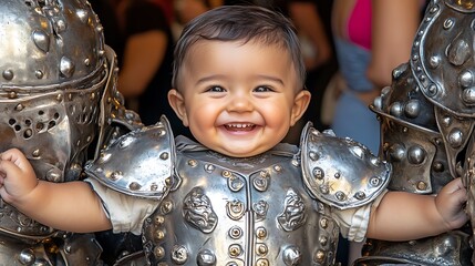 Happy baby in miniature knight's armor.