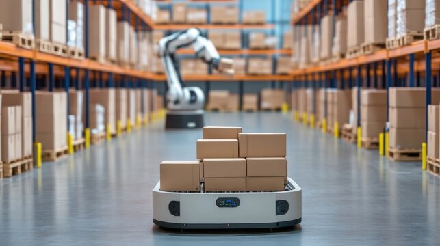 A modern warehouse featuring an autonomous robot transporting boxes, showcasing advanced automation and logistics technology.
