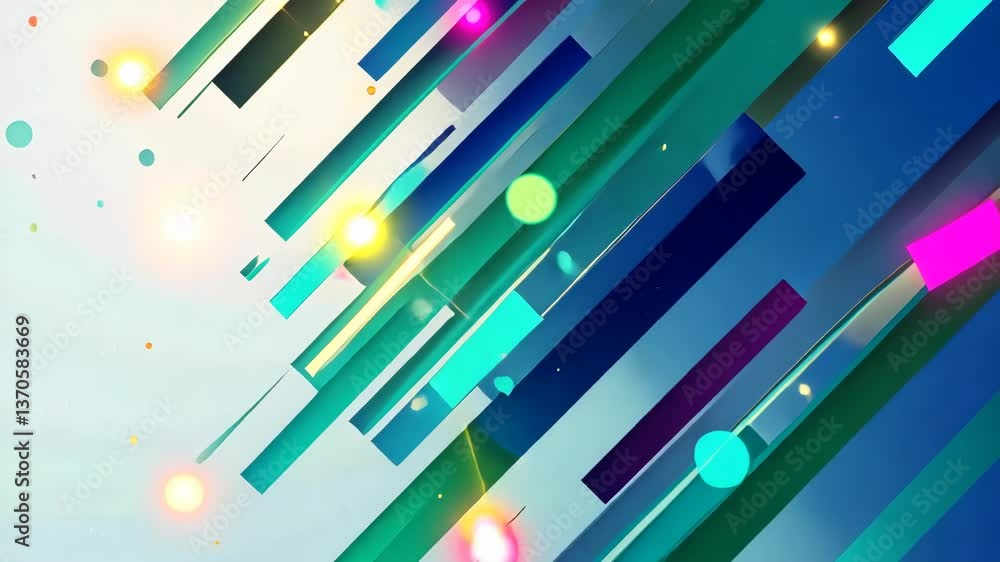 Poster diagonal lines, colorful shapes, and sparkling lights dance across a vibrant backdrop