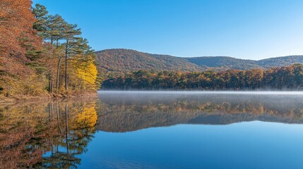 Obraz premium Scenic autumn lake reflecting trees and a vibrant blue sky