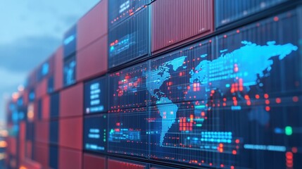 A high-tech display featuring a world map with digital data overlays, set against a backdrop of shipping containers.