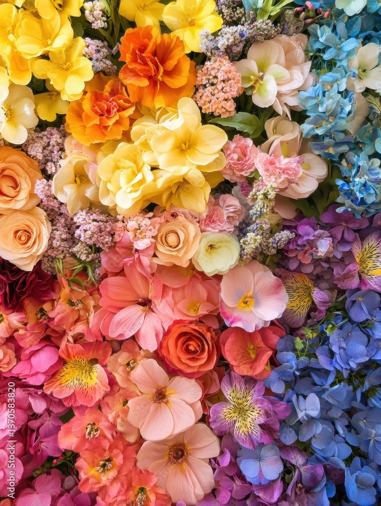 Poster brightly arranged gradient of real flowers showcasing all rainbow colors in a stunning display of na