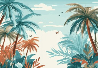 Fototapeta premium Tropical landscape with palm trees and butterflies in a serene atmosphere