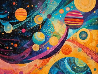 Vibrant cosmic art with planets and galaxies.