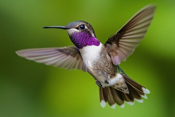 Fototapeta premium Hummingbird Flying with Wings Spread Against a Smooth Green Background