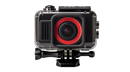 Close up shot of action camera in transparent waterproof case on a black background