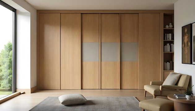Wooden wardrobe with glass sliding doors in minimalist style interior design of modern bedroom, Modern Closet with Sliding Glass Panels., created with generative ai
