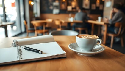 Coffee shop ambiance, laptop workspace, latte art, wooden table, notebook and pen, cozy cafe interior, soft focus background.