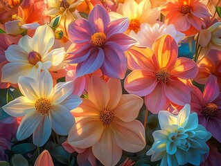 Colorful flowers in spring bloom with sunlight.