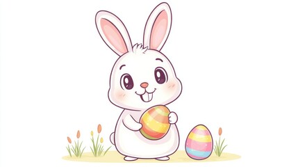 Cute Cartoon Bunny Holding Colorful Easter Egg in Spring Landscape